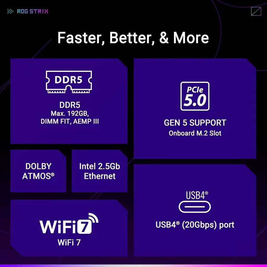 ASUS ROG Strix B860-A Gaming WiFi Motherboard, Intel LGA1851 Socket, ATX, DDR5, PCIe 5.0, Four M.2 Slots, WiFi 7, Aura Sync RGB