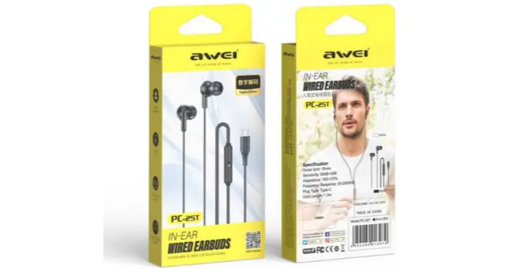 Awei PC-25T USB-C Wired Headphones, Up to 60W Power, 1.2m Cable Length, Type-C Plugin, 10mm Drivers, TPE Material, Black