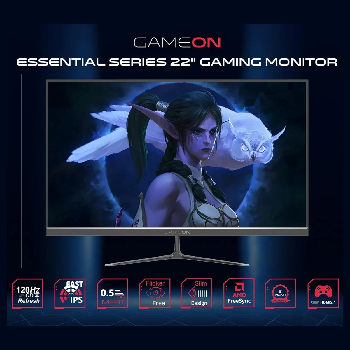 GAMEON GOES22FHD120IPS Monitor, 22-Inch Full HD 1920x1080 120Hz 0.5ms IPS HDMI 2.1 FreeSync NVIDIA G-Sync Compatible PS5 Supported HDR, Black