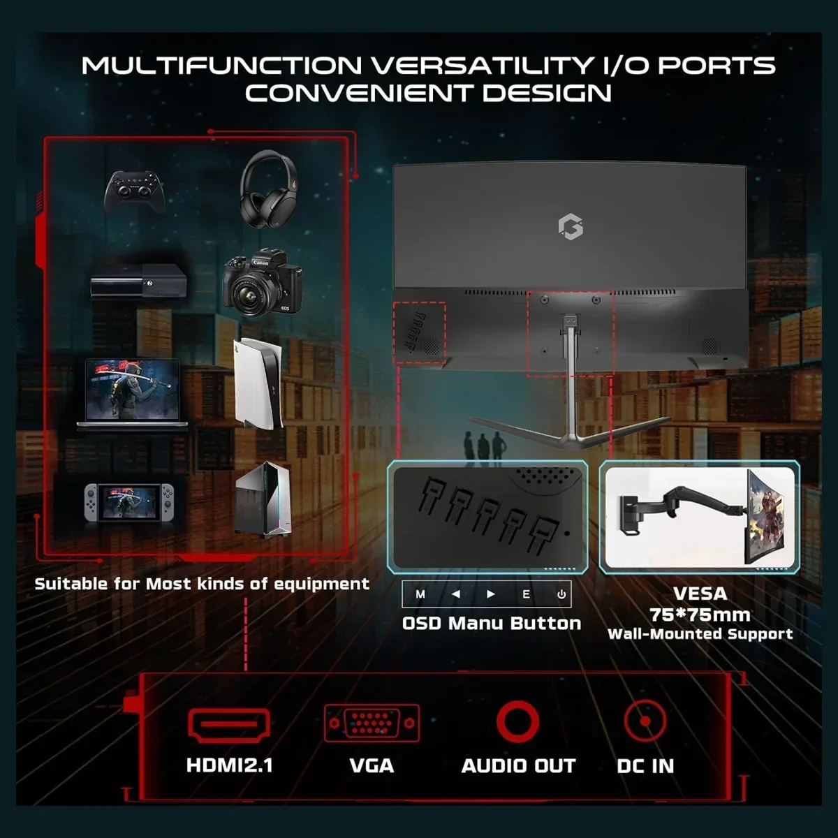 GameOn GOC24F120VA Pro Series Curved Gaming Monitor 24 inch, 1920x1080p FHD, VA Panel 3000R, 120Hz 1ms, HDMI2.1 VGA, FreeSync VRR, Built-in Speakers